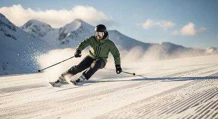 Dynamic shot of male skier in green jacket carving turn on perfectly groomed snow. Sunny mountain landscape background.の素材