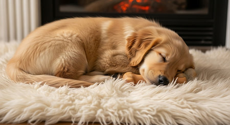 Adorable golden retriever puppy peacefully napping on soft white fluffy rug, cozy fireplace warmth in background, tranquil home interior scene.の素材
