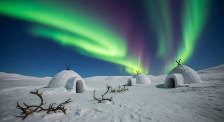 Spectacular northern lights aurora borealis illuminate snow-covered igloos in vast arctic landscape, vibrant green and purple light display night sky.の素材