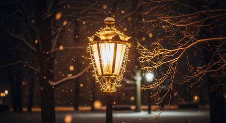 Old-fashioned street lamp decorated with bright string lights, illuminating falling snow during a dark winter night. Bare branches add to cold atmosphere.の素材