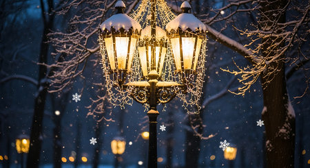 Ornate street lamp decorated with string lights glows warmly amidst snowy trees and falling flakes in winter park.の素材