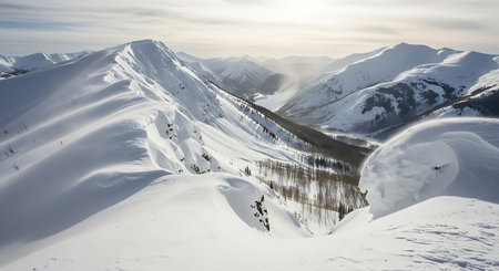Breathtaking panoramic view of expansive snow-covered mountains, sunlit valley, and distant peaks creating a serene winter landscape.の素材