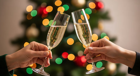 Two hands holding champagne glasses in a toast, festive lights of blurred tree in background. Celebration moment with sparkling beverage.の素材