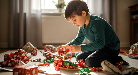 Young boy sitting on the floor unwrapping gifts. Surrounded by colorful wrapping paper, playing with a new wooden train set. Indoor activity.の素材