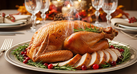Golden brown roasted turkey on silver platter. Sliced meat and whole bird with cranberries. Rosemary garnish for autumn celebration meal.の素材