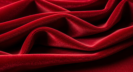 Luxurious crimson velvet material. Soft plush fabric texture. Elegant draped textile background. Abstract folded cloth pattern.の素材