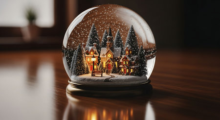 Classic snow globe featuring miniature village, illuminated houses, and snow-covered pine trees. Dark wooden table background.の素材