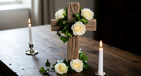 Rustic wooden cross adorned with white roses and green ivy. Two lit white candles on a dark wooden table background.の素材