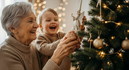 Happy grandmother and laughing toddler decorating a pine tree. Family bonding moment with ornaments and blurred bokeh lights.の素材