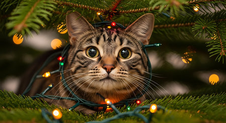 Cute tabby cat nestled among green branches and glowing string lights. Feline curiosity in a festive seasonal setting.の素材