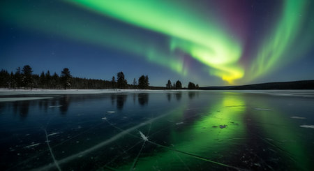 Northern lights dancing over icy water, dramatic sky colors, frozen lake reflections, stunning night landscape, natural light showの素材
