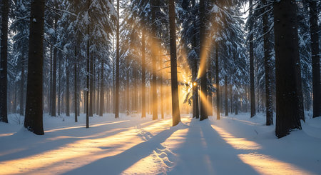 Golden sun rays shine through tall pine trees in snow-covered forest. Beautiful winter landscape with shadows and sunlight on snow.の素材