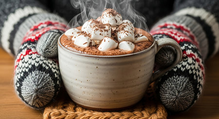 Close up of hands in cozy mittens cradling a mug of steaming hot cocoa topped with marshmallows and chocolate shavings. Warm winter drink.の素材