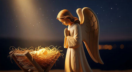 Angel figurine praying over baby in manger. Soft light illuminates scene under starry sky. Spiritual artwork depicts serene moment.の素材