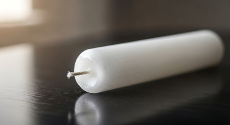Single unlit white pillar candle with exposed wick. Candle rests on dark wooden surface. Close up view of wax and wick.の素材