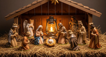 Classic stable setup, religious figures depicting birth story, illuminated lantern, rustic straw bedding, spiritual displayの素材