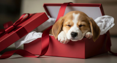 Adorable beagle puppy napping in festive red box. Little dog resting in present box with ribbon. Sleepy pet in holiday gift.の素材