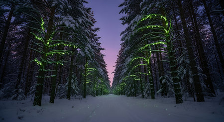 Illuminated forest trail, snow covered trees, glowing green decorations, calm winter evening, ethereal light, nature's beauty, serene sceneryの素材