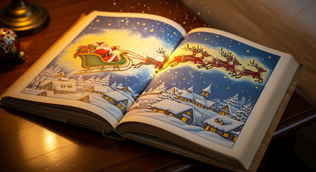 Open storybook reveals winter village scene. Flying sleigh with reindeer and presents. Cozy ambiance with glowing pages on wooden table.の素材