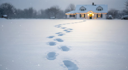 Footprints in fresh snow lead towards a warm, illuminated house. Winter landscape features snowfall and distant trees. Inviting home glows in cold weather.の素材