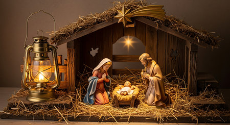 Nativity scene. Mary Joseph. Baby Jesus. Rustic stable. Hay bedding. Warm glow. Lantern light. Star above. Traditional figures. Religious display.の素材