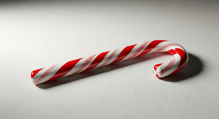 Classic red and white striped candy cane rests on clean white background. Simple, elegant presentation of popular sweet confection.の素材