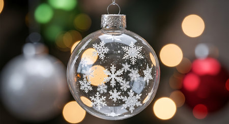 Clear glass ornament adorned with delicate snowflakes design, hanging elegantly. Blurred background of warm glowing lights. Festive decoration for home.の素材
