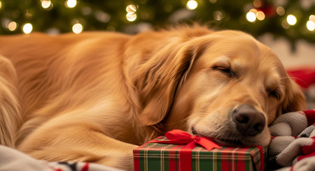 Sleeping golden retriever dog next to a festive gift box. Cozy pet by holiday lights, peaceful scene, warm atmosphere. Relaxed canine. Animal portrait.の素材