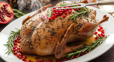 Whole roasted duck on white platter, garnished with vibrant red pomegranate seeds and fresh green rosemary sprigs, with carving fork.の素材
