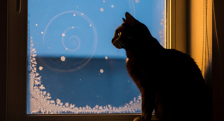 Black cat silhouette on windowsill, observing frosty window with spiral ice patterns, bathed in warm golden hour sunlight from right.の素材