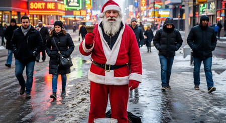 Santa Claus impersonator, red suit, bell ringing, urban street, snow on ground, city scene, crowds of people, holiday spirit, cold weather.の素材