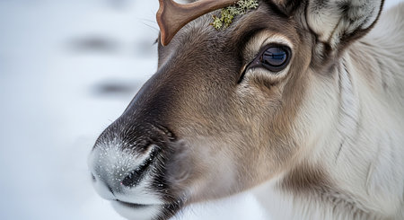 Reindeer close-up shows detailed face, antlers, and snowy muzzle. Animal portrait in winter environment.の素材