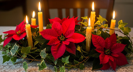 Festive table centerpiece with vibrant red poinsettia flowers, green ivy, and five lit yellow candles creating warm glow.の素材