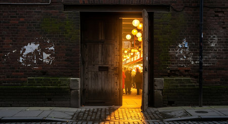 Brightly lit market scene visible through large open wooden doors of dark brick building. People gather inside bustling market.の素材