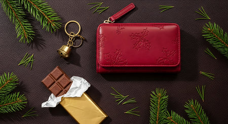 Flat lay of red leather wallet embossed with holly leaf design, golden bell keychain, unwrapped chocolate bar, and fresh pine needles on dark background.の素材