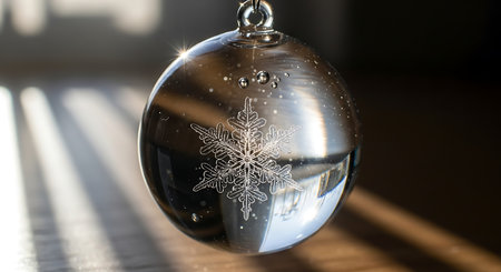 Christmas ornament, clear glass globe, snowflake engraving, sparkling light reflections, winter season decoration, festive holiday decor, elegant glass art.の素材