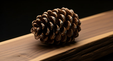 Pine cone, natural wood plank, dark background, forest element, rustic decoration, organic texture, seasonal decor, simple still life.の素材