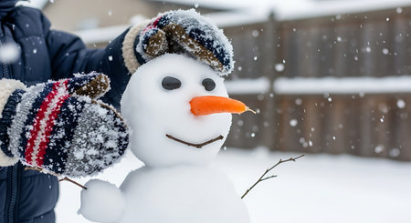 Hands wearing colorful mittens place a carrot nose on a small snowman's face. Snowflakes fall in winter wonderland.の素材