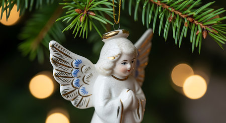 Close up white ceramic angel ornament with gold trim and blue wings; traditional hanging decoration on spruce branch; blurred warm lights in background.の素材