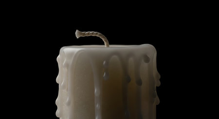 Close up of an unlit white candle with wax dripped down sides; strong contrast against stark black background.の素材