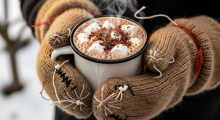 Person wearing warm knitted mittens holding white mug of hot cocoa topped with marshmallows and chocolate shavings. Steaming drink on cold day.の素材