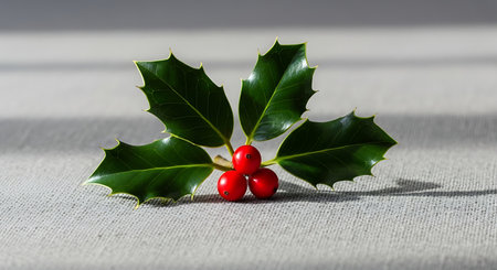 Vibrant green holly leaves with three bright red berries. Elegant arrangement on neutral textured gray surface, soft shadow.の素材