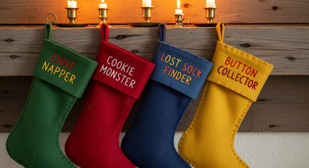 Four colorful stockings with playful titles, 'Chief Napper', 'Cookie Monster', 'Lost Sock Finder', 'Button Collector'. Hung on rustic wooden mantle, lit candles above.の素材