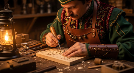 Artisan carves intricate designs into wood plank. Old-fashioned woodcarving with traditional tools and warm glow of oil lamp.の素材
