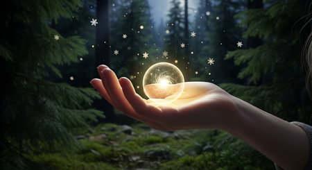 Female hand cradling luminous sphere surrounded by glistening snowflakes. Tranquil woodland setting with evergreen trees creates peaceful atmosphere.の素材