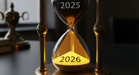 Elegant hourglass with sand marking 2025 at top and 2026 at bottom, concept of time passing and future arrivalの素材