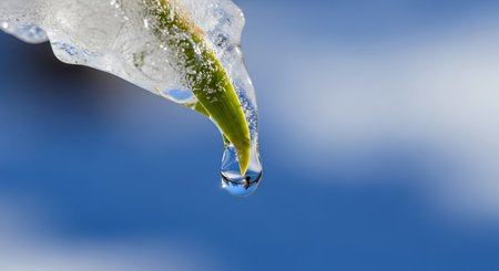 Detailed view of ice encasing green plant stem, clear water droplet reflecting blurred blue sky; contrast between frozen element and vibrant plantの素材