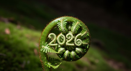 Close up of vibrant green unfurling fern frond, with its delicate leaves naturally forming '2026'. Symbolizes nature's growth, new beginnings, and year 2026. Dark background. Botanical art.の素材