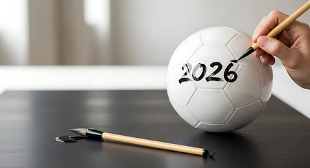 Hand painting 2026 in calligraphy on white soccer ball with brush and ink. Football event, artistic creation.の素材