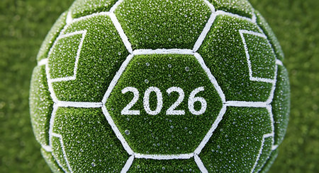 Close-up soccer ball 2026 made of green grass and white lines. Textured surface with dew drops. Football championship concept.の素材